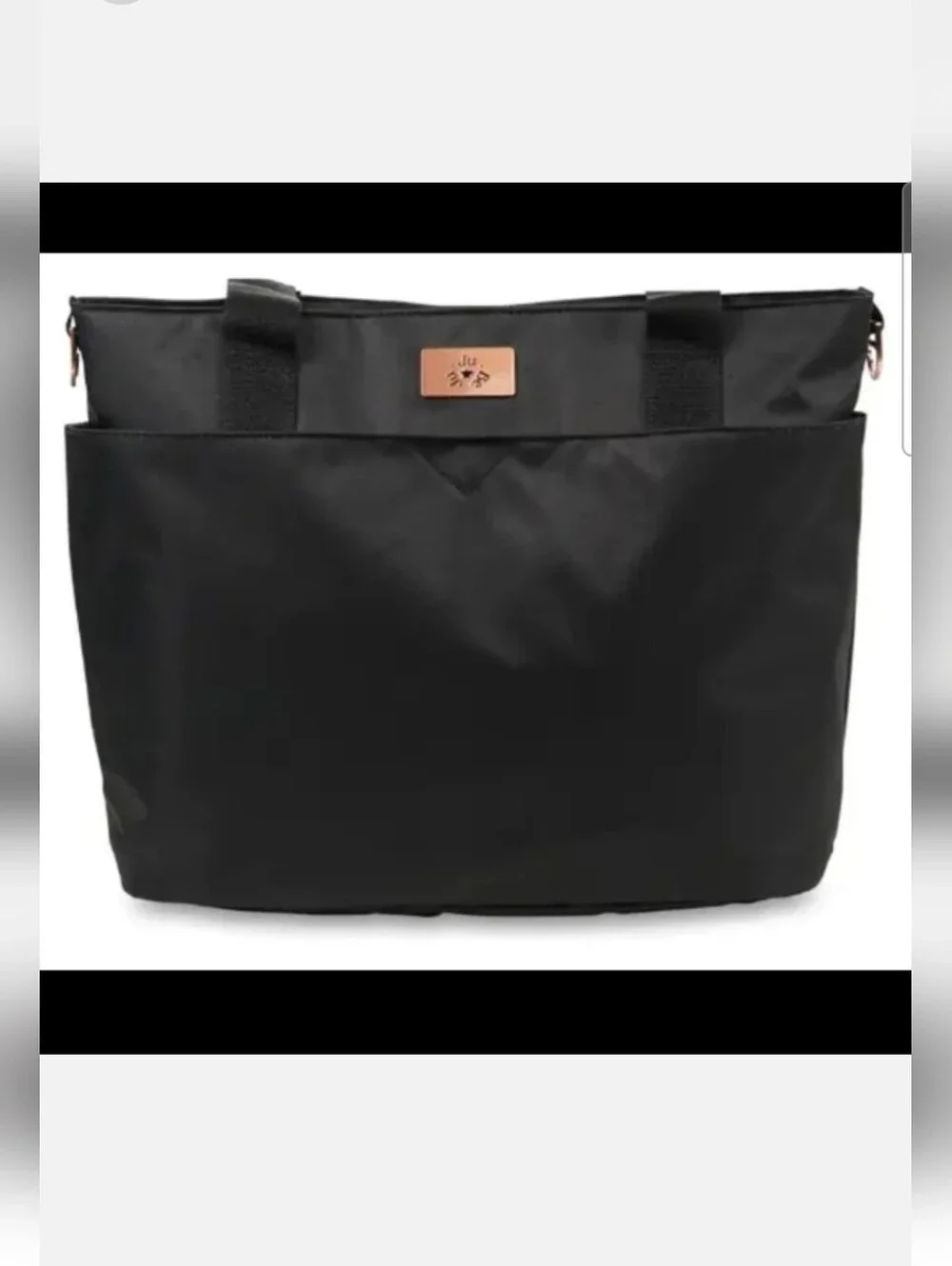 Ju-Ju-Be NWOTs Black Encore Tote with Rose Gold Plaque Baby Diaper Bag Bottle